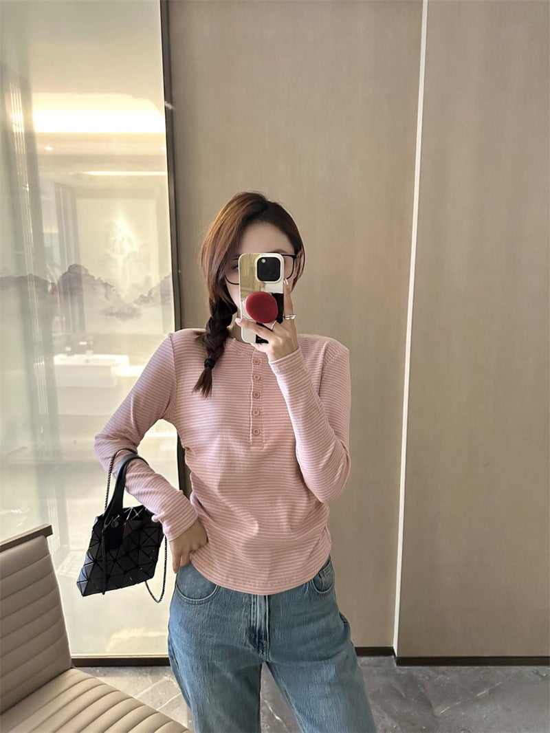 Striped T-shirt Women's Base Shirt Simple Front Buckle Slim-fit Long-sleeved 2024 New Autumn Long-sleeved Design Sense Interior - Image 3