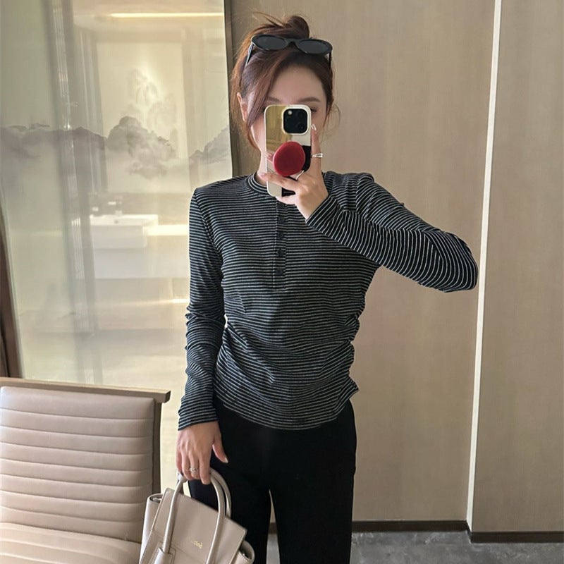 Striped T-shirt Women's Base Shirt Simple Front Buckle Slim-fit Long-sleeved 2024 New Autumn Long-sleeved Design Sense Interior - Image 1