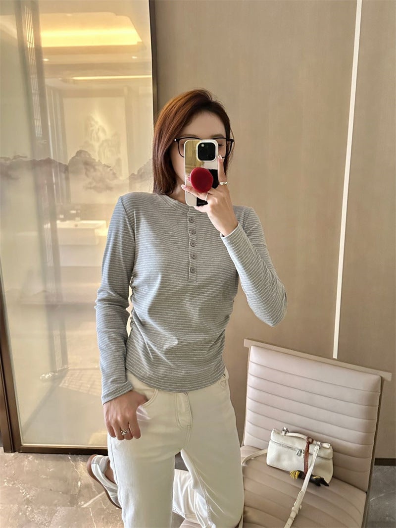 Striped T-shirt Women's Base Shirt Simple Front Buckle Slim-fit Long-sleeved 2024 New Autumn Long-sleeved Design Sense Interior - Image 4
