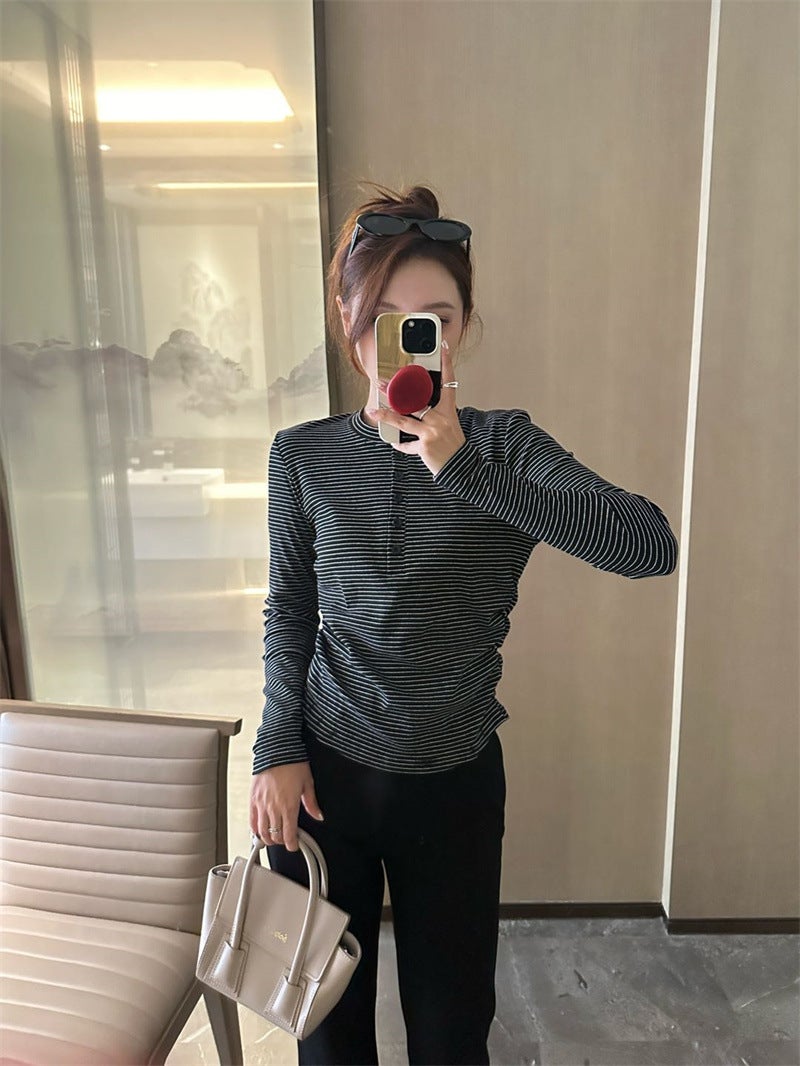 Striped T-shirt Women's Base Shirt Simple Front Buckle Slim-fit Long-sleeved 2024 New Autumn Long-sleeved Design Sense Interior - Image 5