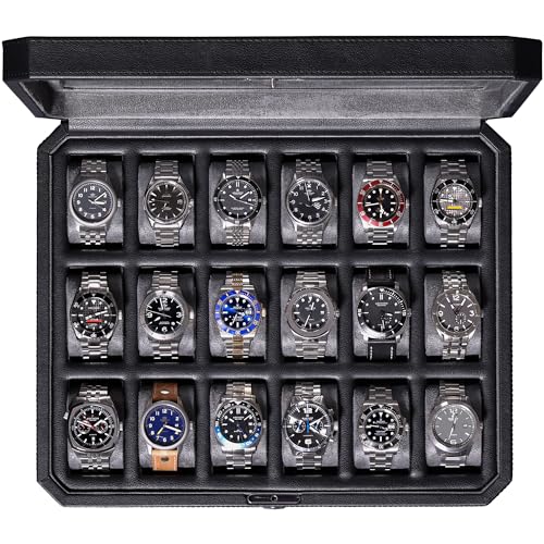 ROTHWELL 18-Slot Watch Case – Luxury Watch Box for Men, Real Glass Top, Lockable, Elegant Display for Collections (Black/Grey) - Image 1