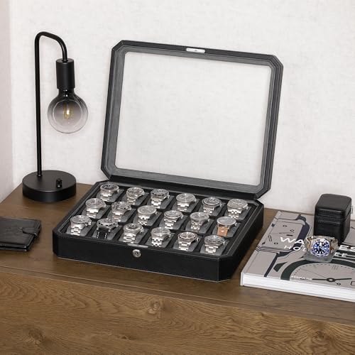 ROTHWELL 18-Slot Watch Case – Luxury Watch Box for Men, Real Glass Top, Lockable, Elegant Display for Collections (Black/Grey) - Image 2