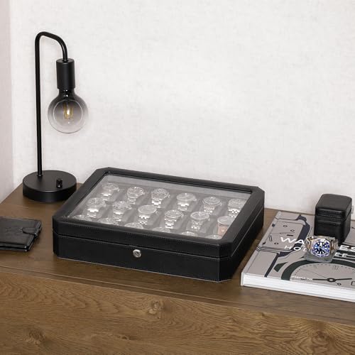 ROTHWELL 18-Slot Watch Case – Luxury Watch Box for Men, Real Glass Top, Lockable, Elegant Display for Collections (Black/Grey) - Image 3
