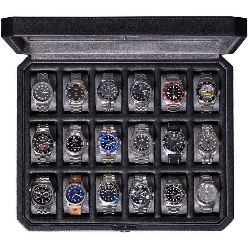 ROTHWELL 18-Slot Watch Case – Luxury Watch Box for Men, Real Glass Top, Lockable, Elegant Display for Collections (Black/Grey) - Image 5