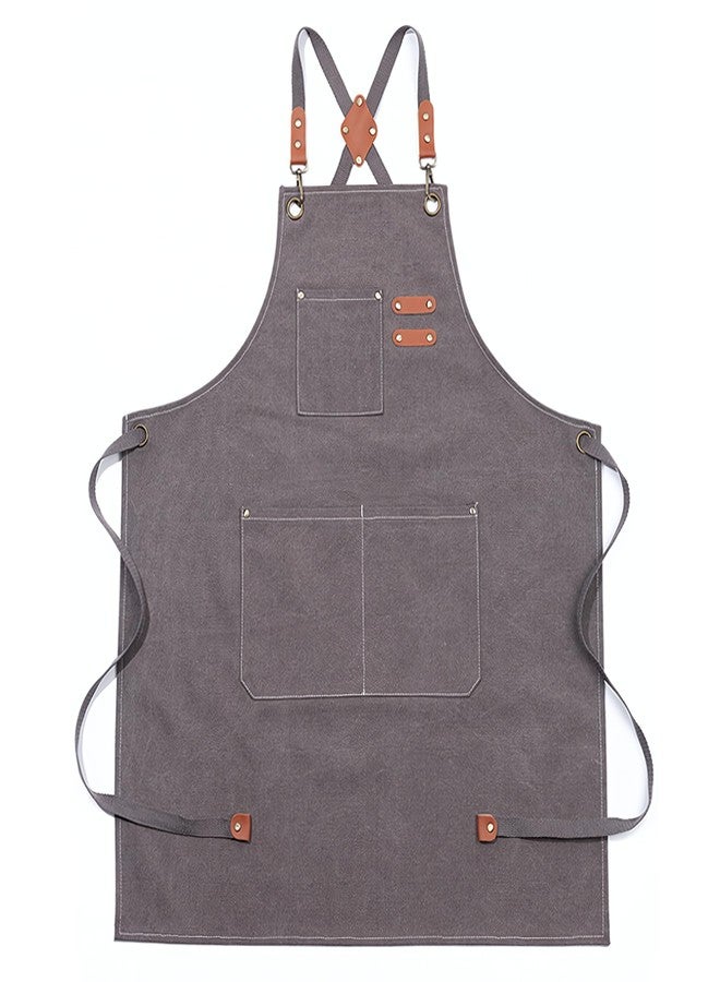 SvaTao Waterproof Oil-Proof Canvas Cotton Apron Multi-Pocket Cross-Back Adjustable Straps For Chefs Artists Barbers Gardeners And Carpenters Coffee Shop Kitchen Home Waist Gardening Work Apron (Gray) - Image 1