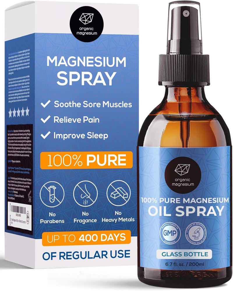 Organic Magnesium بخاخ المغنيسيوم للساقين المتعبة وتشنجات العضلات والمفاصل والنوم زيت المغنيسيوم الموضعي للقدمين والجسم مصدر زكشتاين 100% طبيعي نقي للغاية 200 مل زجاجة - Image 1
