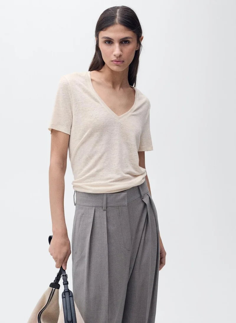 MANGO V-neck linen t-shirt