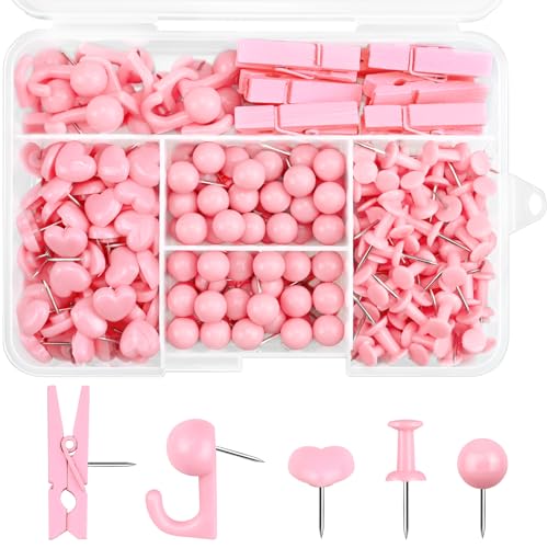 koorito 260 Pcs Push Pins Set 5 Styles Pink Thumb Tacks Cute Push Pins for Bulletin Board, Cork Board - Image 1