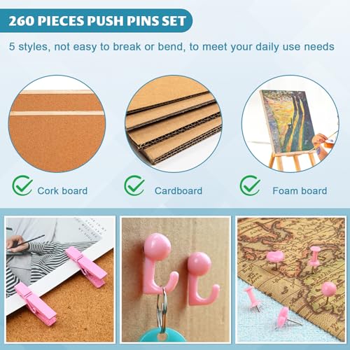 koorito 260 Pcs Push Pins Set 5 Styles Pink Thumb Tacks Cute Push Pins for Bulletin Board, Cork Board - Image 4