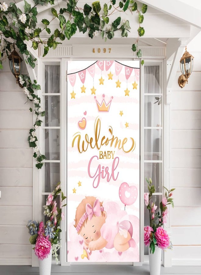 INNORU Welcome Baby Girl Door Banner Decor, Gender Reveal Party Door Cover Decor, Baby Shower, Girl Birthday Party Photo Booth Backdrop Background Supplies - Image 1