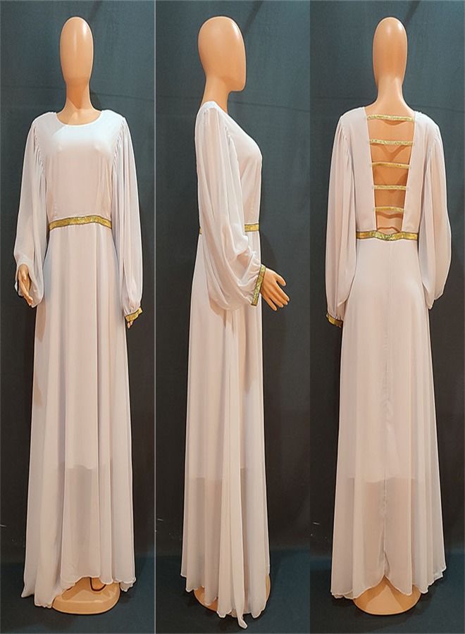 Loquat Lantern Long Sleeve Round Neck Chiffon Dress White 