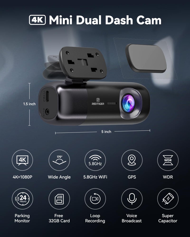 REDTIGER F9 Dash Cam 4K Front and Rear 1080P, WiFi GPS Car Camera with 32GB Card, Dual Dash Camera for Cars, Loop Recording, Night Vision, Parking Mode, Smart App Control, Support 256GB Max - Image 2