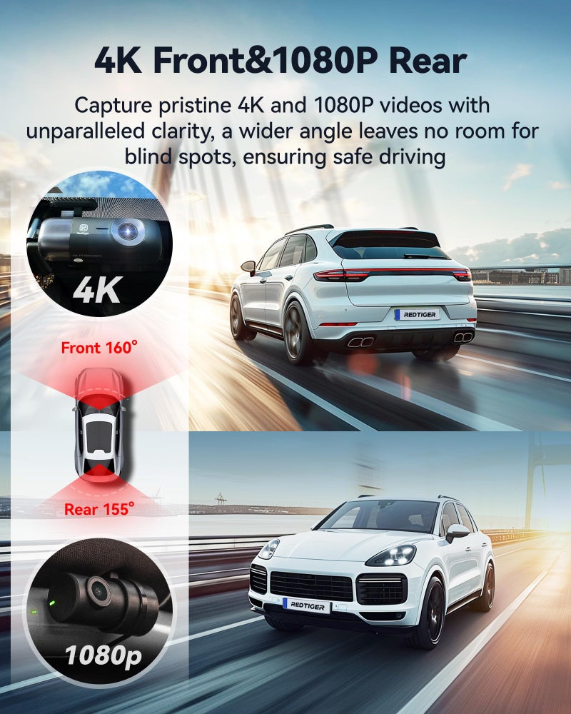 REDTIGER F9 Dash Cam 4K Front and Rear 1080P, WiFi GPS Car Camera with 32GB Card, Dual Dash Camera for Cars, Loop Recording, Night Vision, Parking Mode, Smart App Control, Support 256GB Max - Image 3