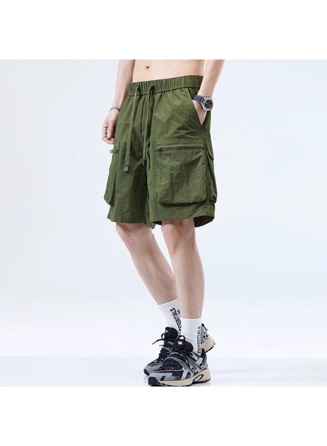 Wassup Sohot Men's Shorts, Summer American-style Cargo Shorts, Ice Silk Cool-feeling Five-point Sports Shorts, Army Green, 2XL - Image 1
