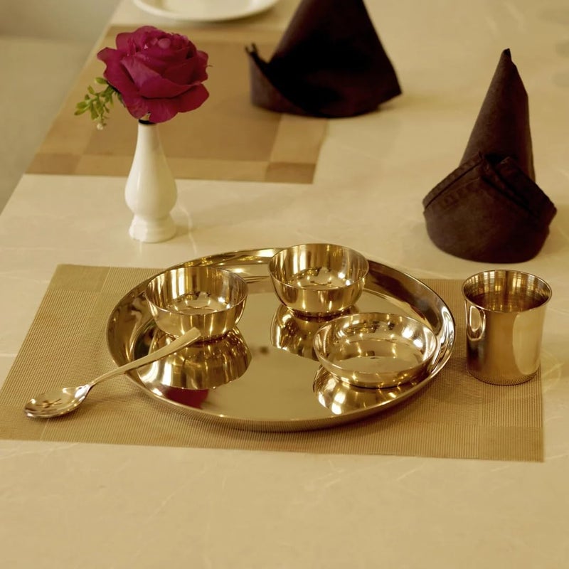 BRASS GLOBE TREASURE OF ART Brass Globe Bronze Dinner Set Plain | Kansa Dinner Set | Kitchenuse | Kitchenware | Kansa Thali Set (Set of 6 Pieces) - Pack of 1 Plate, 1 Glass, 2 Bowls, 1 Spoon & 1 Halwa Katori - Image 2