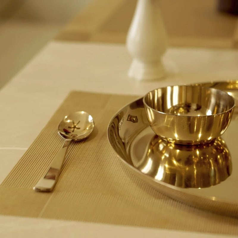 BRASS GLOBE TREASURE OF ART Brass Globe Bronze Dinner Set Plain | Kansa Dinner Set | Kitchenuse | Kitchenware | Kansa Thali Set (Set of 6 Pieces) - Pack of 1 Plate, 1 Glass, 2 Bowls, 1 Spoon & 1 Halwa Katori - Image 5