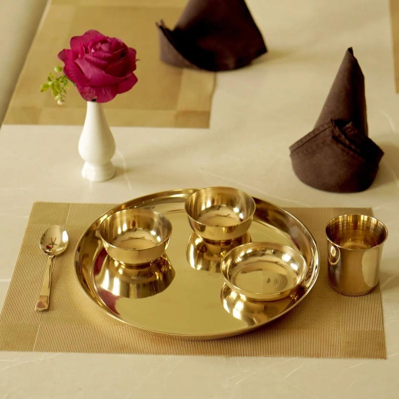 BRASS GLOBE TREASURE OF ART Brass Globe Bronze Dinner Set Plain | Kansa Dinner Set | Kitchenuse | Kitchenware | Kansa Thali Set (Set of 6 Pieces) - Pack of 1 Plate, 1 Glass, 2 Bowls, 1 Spoon & 1 Halwa Katori - Image 1
