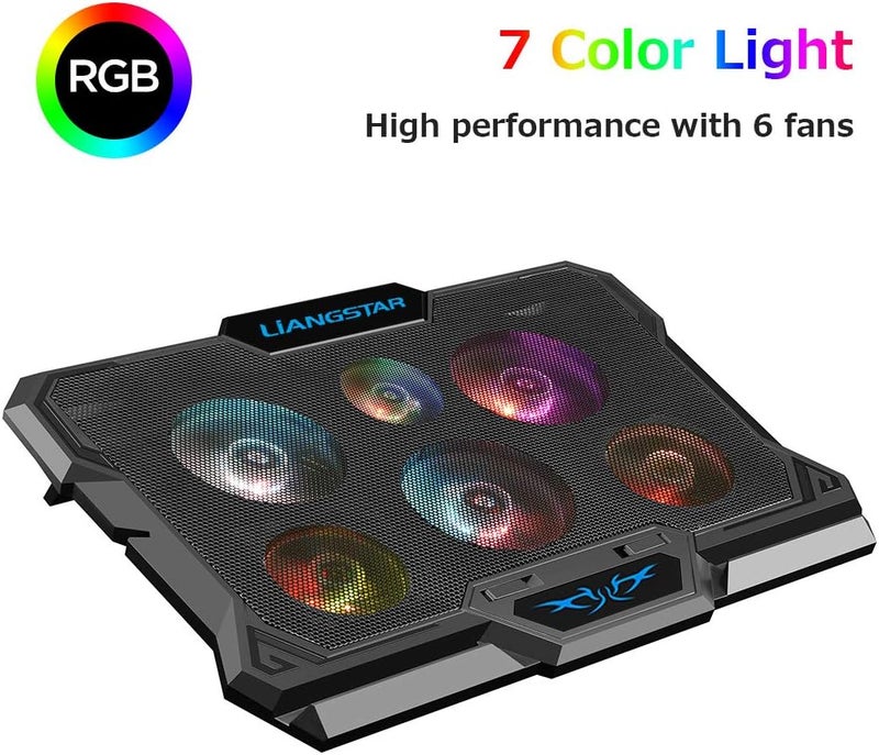 وسادة تبريد اللابتوب، مبرد اللابتوب مع 6 مراوح هادئة وإضاءة RGB بألوان متعددة للابتوب مقاس 15.6-17 بوصة، حامل مروحة تبريد اللابتوب، وسادة تبريد محمولة رفيعة تعمل بالطاقة عبر USB لألعاب اللابتوب، تحكم بمفتاح لسرعة المروحة (أسود) - Image 3