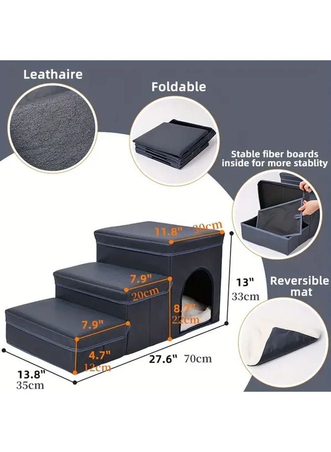 Grey Foldable Pet Stairs With Storage 3 Level Dog Ramp For High Beds Sofas - Image 3