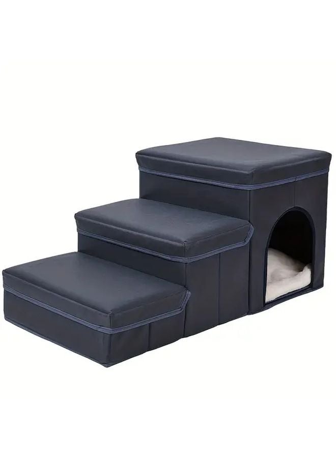 Grey Foldable Pet Stairs With Storage 3 Level Dog Ramp For High Beds Sofas - Image 2
