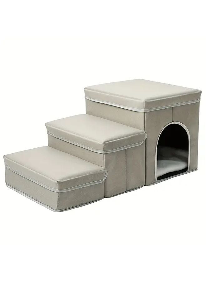 Grey Foldable Pet Stairs With Storage 3 Level Dog Ramp For High Beds Sofas - Image 1