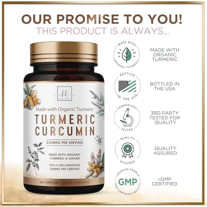 Hello Lovely! Turmeric Curcumin Supplement with 95% Curcuminoids, Organic Turmeric & Ginger 1750mg, BioPerine Black Pepper for Best Absorption, Nature's Vegan Joint Support, Non-GMO, Bottled in USA - 360 Capsules - Image 4