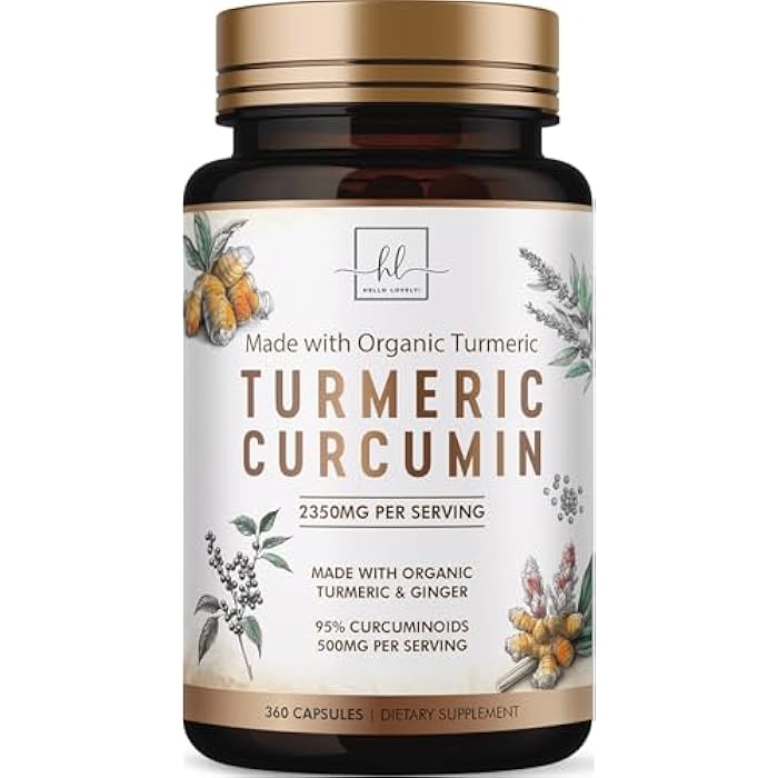 Hello Lovely! Turmeric Curcumin Supplement with 95% Curcuminoids, Organic Turmeric & Ginger 1750mg, BioPerine Black Pepper for Best Absorption, Nature's Vegan Joint Support, Non-GMO, Bottled in USA - 360 Capsules - Image 1