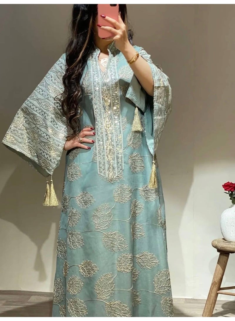 عباية حريمي مطرزة ستايل مغربي خامة كتان إسباني مستورد  تصميم واسع أنيق للمحجبات  كود 6370 مقاس 2: عرض 70 سم – مناسب حتى 120 كجم باللون المينت - Image 5