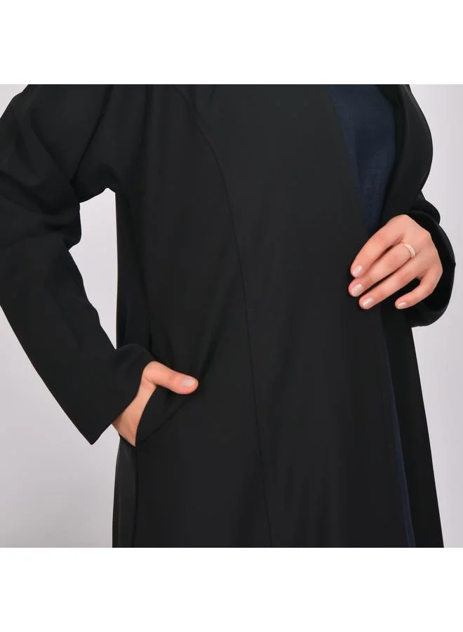HAWRAA ABAYA Black quarter-cloche wrap abaya with detailed lines and hidden side pockets