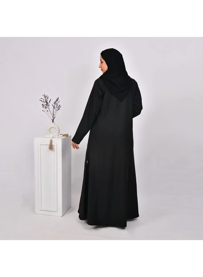 HAWRAA ABAYA Black quarter-cloche wrap abaya with detailed lines and hidden side pockets