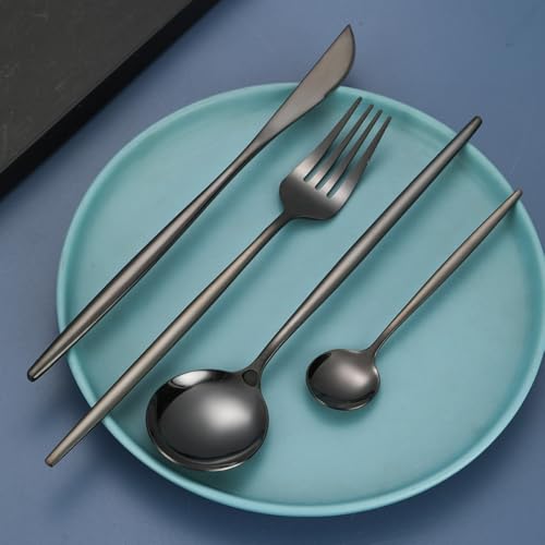 Trifecta 24-Piece Silverware Set, Stainless Steel Flatware Set for 6, Fork Spoon Knife Set, Home Dinnerware Tableware Set for 6, Cutlery Set, Include Knives/Forks/Spoons (Black) - Image 2