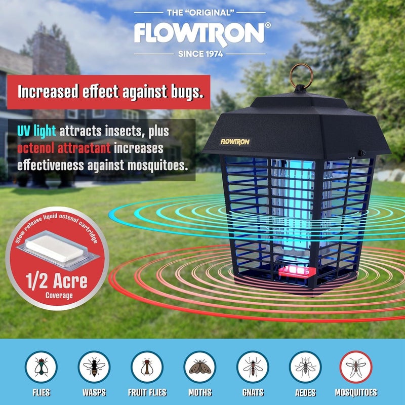 Flowtron Electric Bug Zapper 1/2 Acre Outdoor Insect Control with Dual Lure Method, 15W UV Light & Octenol Attractant for Fly & Mosquito, 5600V Kill Grid, Made in USA, UL Certified - Image 3