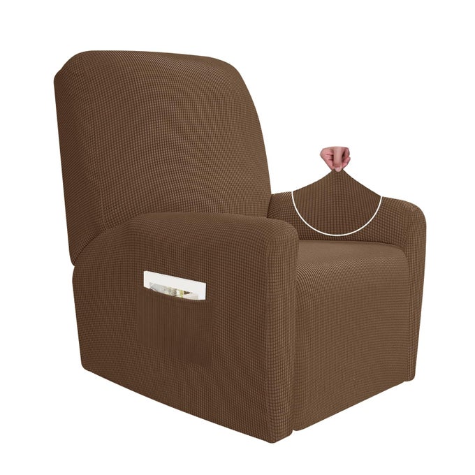 SUPER STRETCH RECLINER CHAIR COVERS 4 PIECES SOFA SLIPCOVER FOR RECLINING CHAIR SPANDEX SOFT RECLINER SLIPCOVER WITH POCKETS RECLINER FURNITURE PROTECTOR RECLINER BROWN