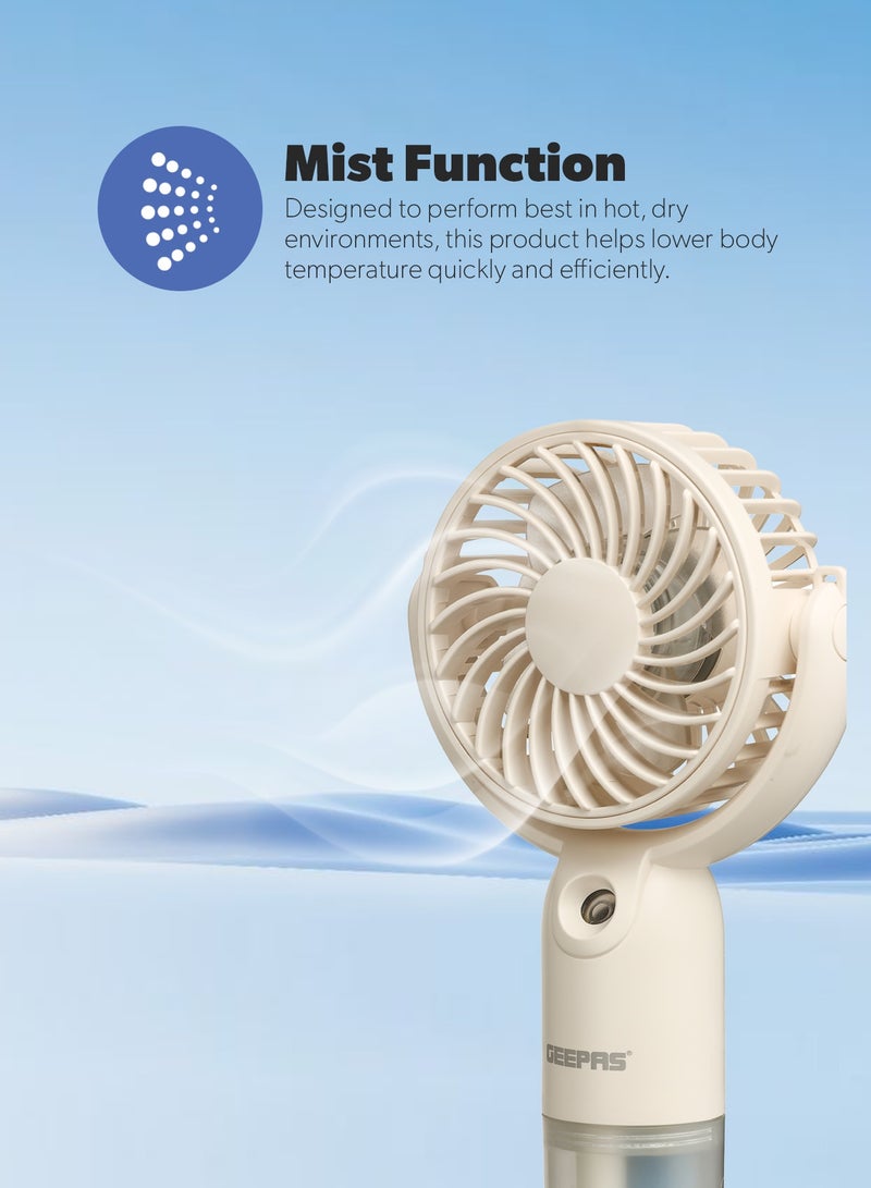 GEEPAS Mini Handheld Mist Fan | Portable Cooling with 3-Speed Control & Mist Spray | Rechargeable Battery | Up to 6 Hours Runtime | GF21224 GF21224 beige - Image 5