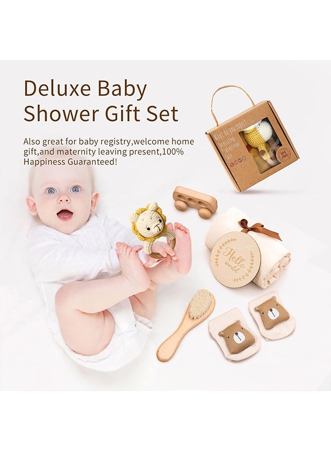 بيوينتي مجموعة هدية الطفل للطفل حديث الولادة مجموعة هدية الطفل الجديد - 6 جهاز كمبيوتر شخصي للطفل حديث الولادة الأساسيات مجموعة حمام الطفل مع بطانية الطفل الطفل الراتل - حديث الولادة هدية الطفل البنات والطفل الصبي هدايا للطفل دش (الأسد-1) - Image 3