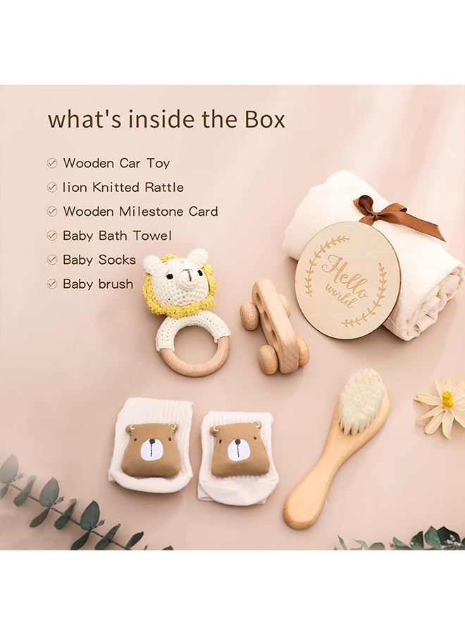 بيوينتي مجموعة هدية الطفل للطفل حديث الولادة مجموعة هدية الطفل الجديد - 6 جهاز كمبيوتر شخصي للطفل حديث الولادة الأساسيات مجموعة حمام الطفل مع بطانية الطفل الطفل الراتل - حديث الولادة هدية الطفل البنات والطفل الصبي هدايا للطفل دش (الأسد-1) - Image 2