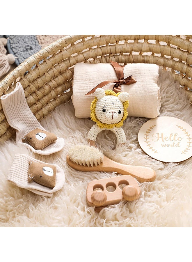 بيوينتي مجموعة هدية الطفل للطفل حديث الولادة مجموعة هدية الطفل الجديد - 6 جهاز كمبيوتر شخصي للطفل حديث الولادة الأساسيات مجموعة حمام الطفل مع بطانية الطفل الطفل الراتل - حديث الولادة هدية الطفل البنات والطفل الصبي هدايا للطفل دش (الأسد-1) - Image 1