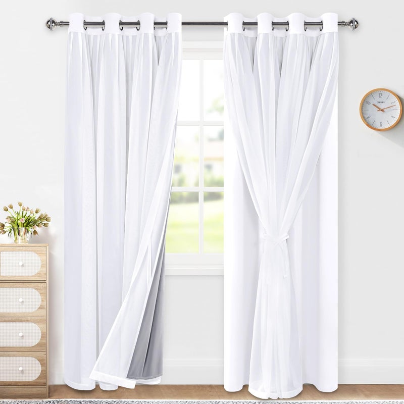 XWZO White Double Layer Curtains, 100% Blackout Curtains with Sheer Overlay for Nursery, Living Room, Children's Room, Grommet Thermal Insulated Privacy Curtains with Tiebacks, 2 Panels, 52x84 - Image 1