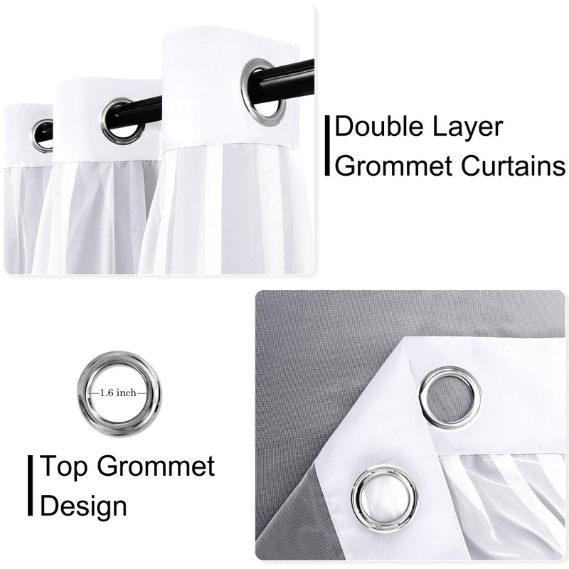 XWZO White Double Layer Curtains, 100% Blackout Curtains with Sheer Overlay for Nursery, Living Room, Children's Room, Grommet Thermal Insulated Privacy Curtains with Tiebacks, 2 Panels, 52x84 - Image 3