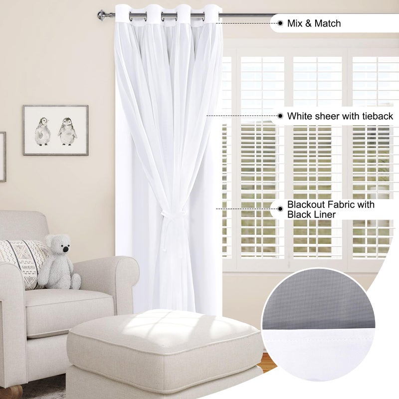 XWZO White Double Layer Curtains, 100% Blackout Curtains with Sheer Overlay for Nursery, Living Room, Children's Room, Grommet Thermal Insulated Privacy Curtains with Tiebacks, 2 Panels, 52x84 - Image 2