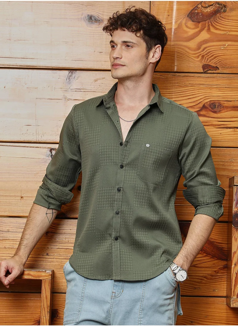 كامبوس سوترا Men's Olive Green Houndstooth-Tactile Shirt