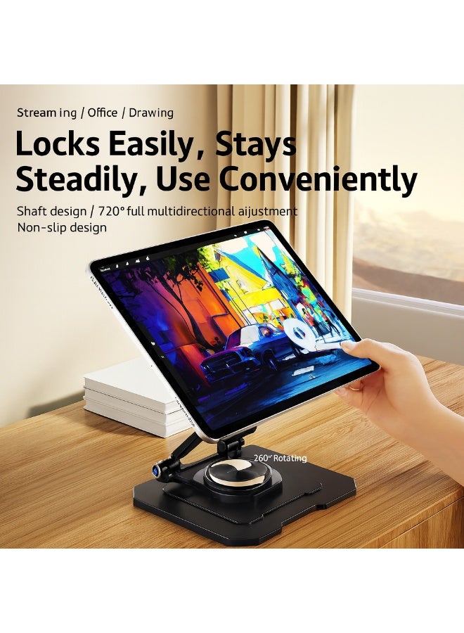 Premium Carbon Steel Tablet Stand – Pearl Black / Moon White, 360° Rotatable, Foldable & Lightweight, Fits 8–11” Devices - Image 2