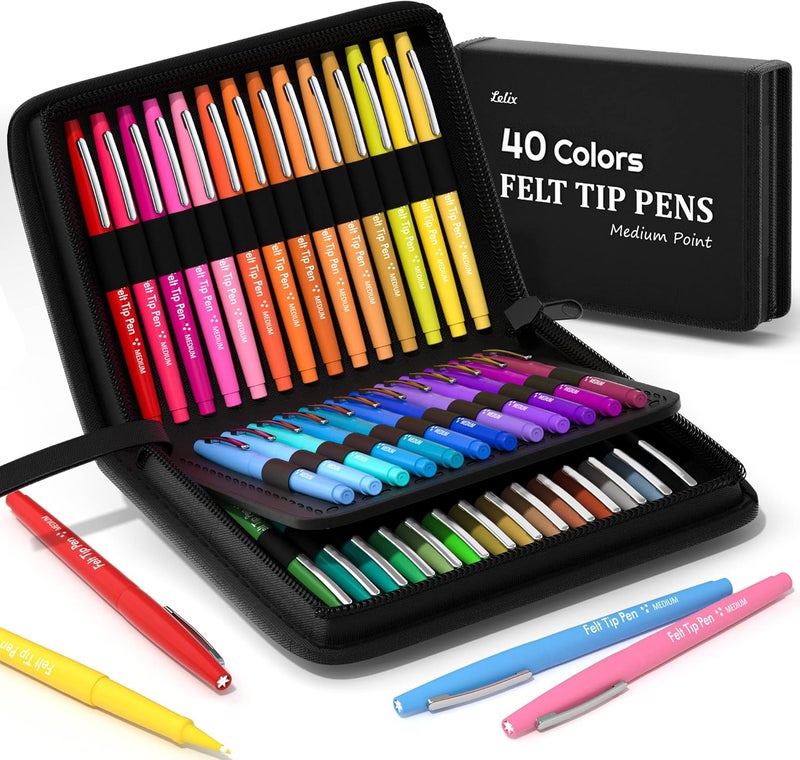 Lelix Felt Tip Pens, 40 Colored Pens with Case, Medium Point, Felt Tip Markers Pens for Journaling, Writing,Drawing, Note Taking, Planner, Perfect for Art Office and School Supplies - Image 1