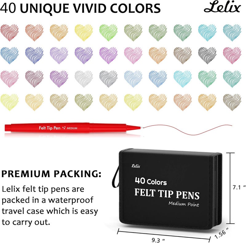 Lelix Felt Tip Pens, 40 Colored Pens with Case, Medium Point, Felt Tip Markers Pens for Journaling, Writing,Drawing, Note Taking, Planner, Perfect for Art Office and School Supplies - Image 3