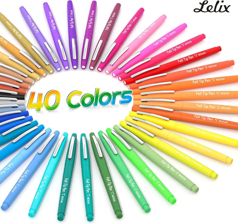Lelix Felt Tip Pens, 40 Colored Pens with Case, Medium Point, Felt Tip Markers Pens for Journaling, Writing,Drawing, Note Taking, Planner, Perfect for Art Office and School Supplies - Image 2
