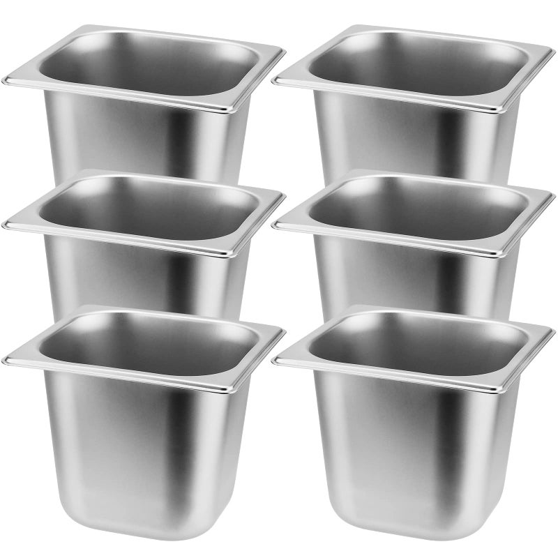 SINJEUN 6 Pack 16 Size x 6 Inch Deep Rectangular Silver Stainless Steel Steam Pan for Restaurant Hotel Catering