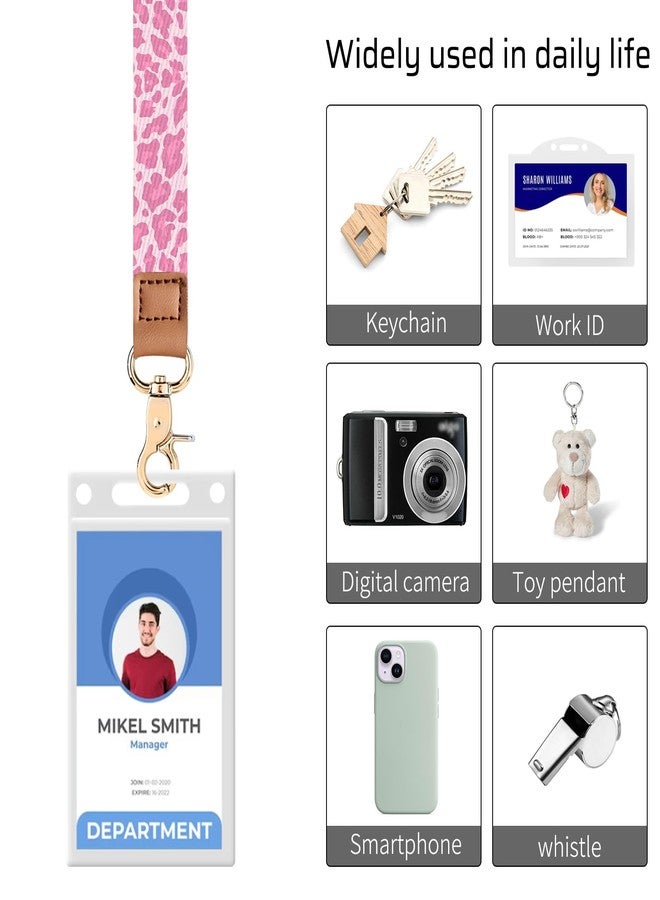 Knagsfa Badge Lanyards Neck Strap Leather with Dual Keyrings Metal Hook for ID Badges Keys, Long Cute Lanyard Keychain for Women Men Girls Boy, Hot Pink Leopard - Image 3