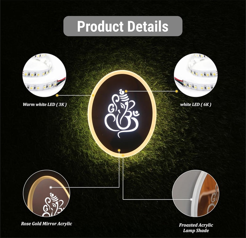 Lamp master Ganpati LED Wall Light - Rose Gold & Frosted Acrylic | 23cm | Warm White | Ideal for Temple, Living Room, Bedroom, Pooja Room, Mandir, Shops, Hotel (Oval - Ganesh - Rose Gold - P2) - Image 5