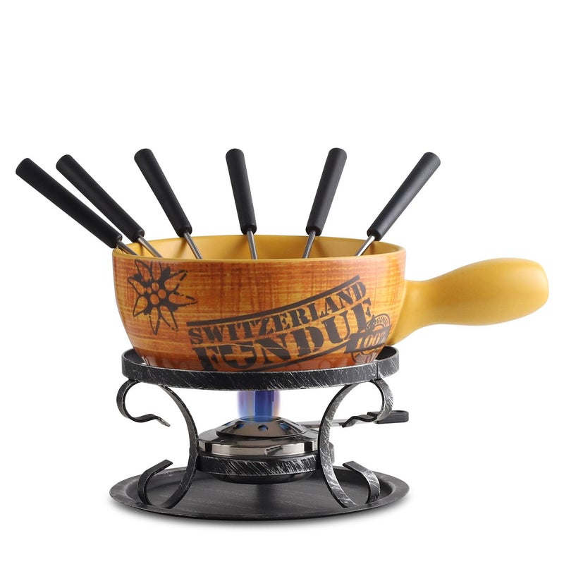 طقم وعاء فوندو سيراميك بتصميم سويسري 211 لتر من أرتستيا مع 6 شوكات فوندو ونمط سويسري قديم مثالي لـ 6 أشخاص 10 قطع