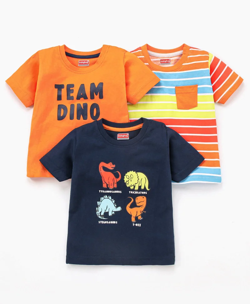 babyhug Babyhug Cotton Knit Half Sleeves Striped T-Shirt Dino & Text Print Pack of 3 - Orange Navy Blue